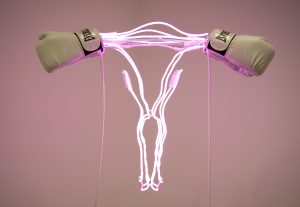 Image of art work - neon pink ovaries with boxing gloves