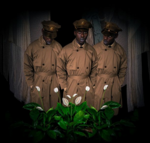 Artwork depicting three men standing in beige military uniforms with flowers