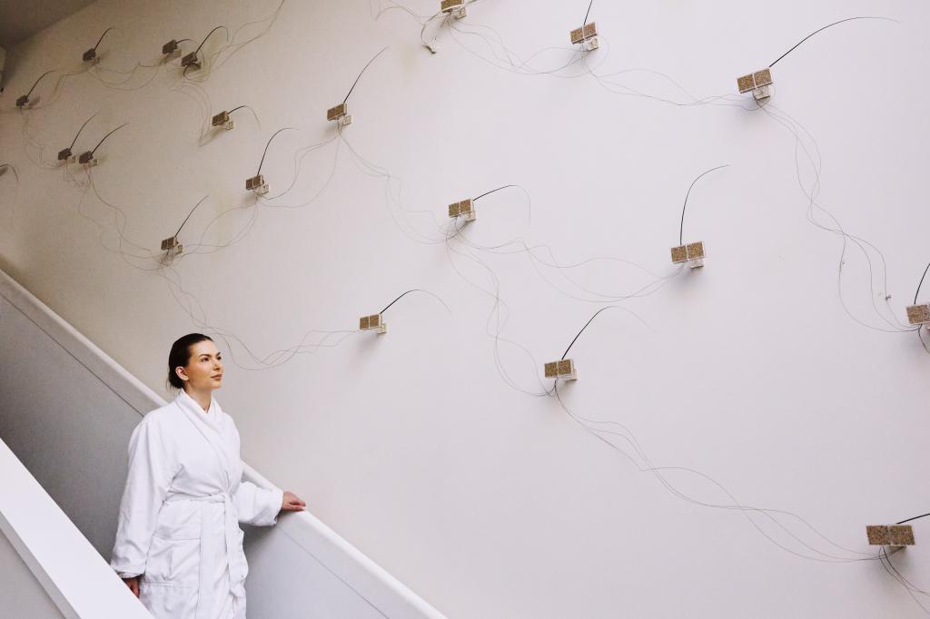 woman looking at artwork on the wall