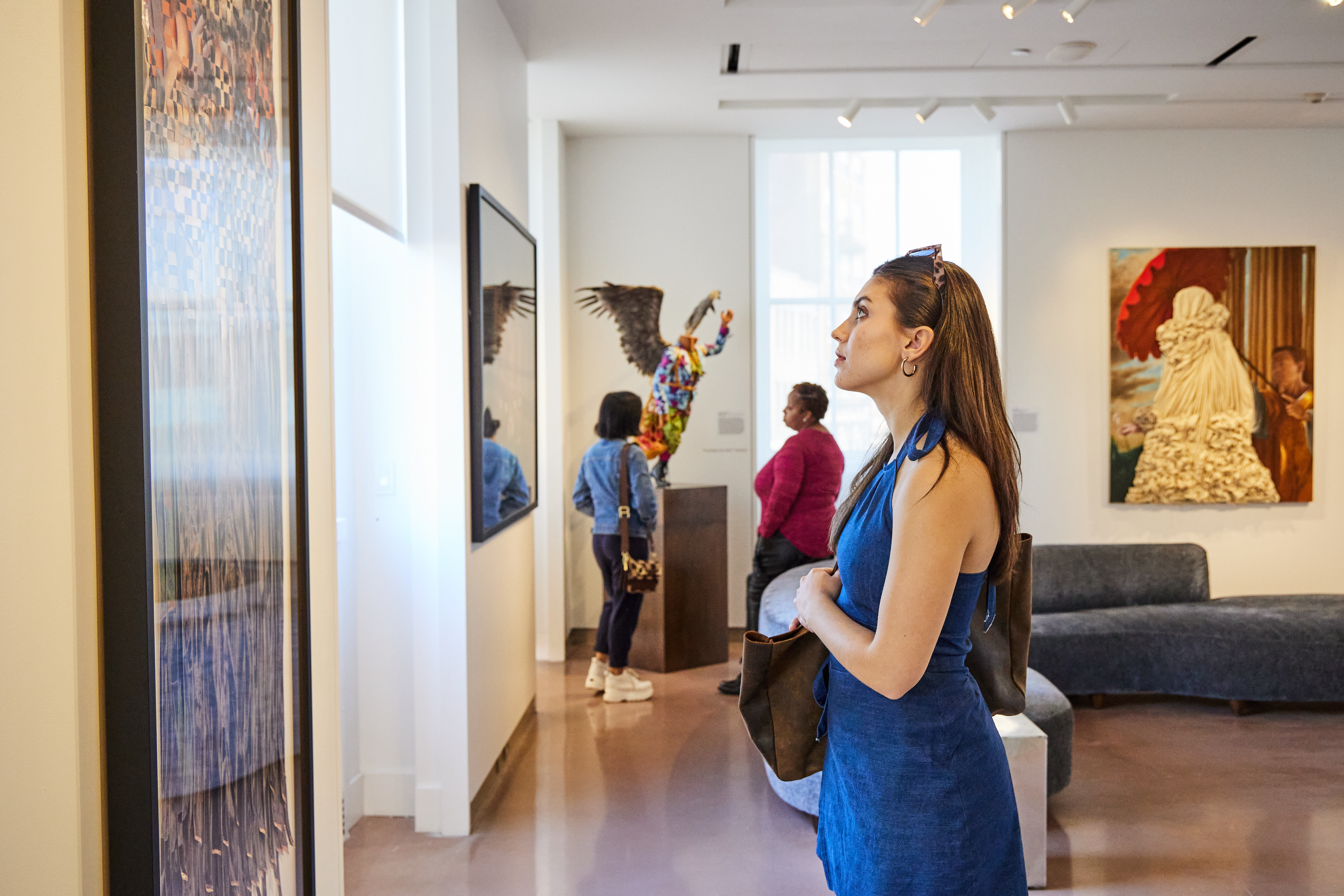 A woman wearing a blue dress looking at an artwork on the wall