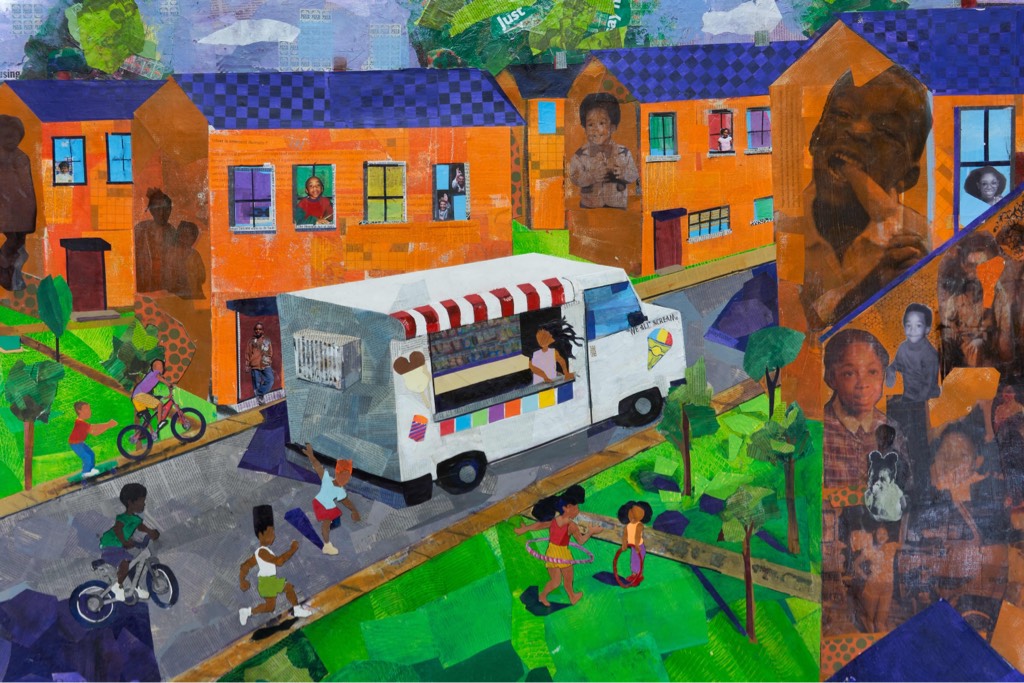 Melvin Nesbitt Jr. The Great Ice Cream Truck Chase, 2022 Painted paper and photo collage on canvas