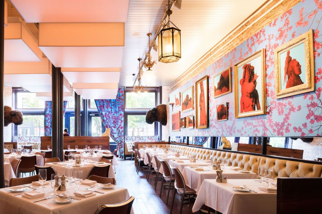 The colorful dining room of 21c Louisville's restaurant Proof on Main