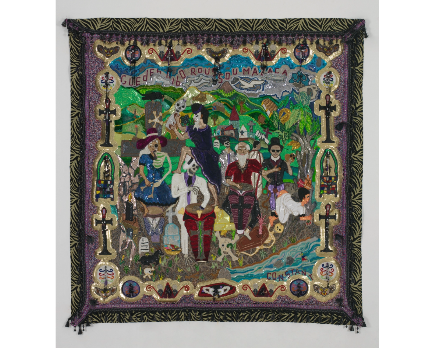 Myrlande Constant, GUEDE (Baron) (detail), 2020, Sequins, glass beads, and silk tassels on cotton