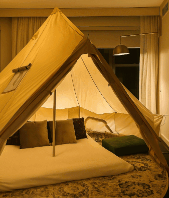 glamping yurt set up in corner suite 21c chicago