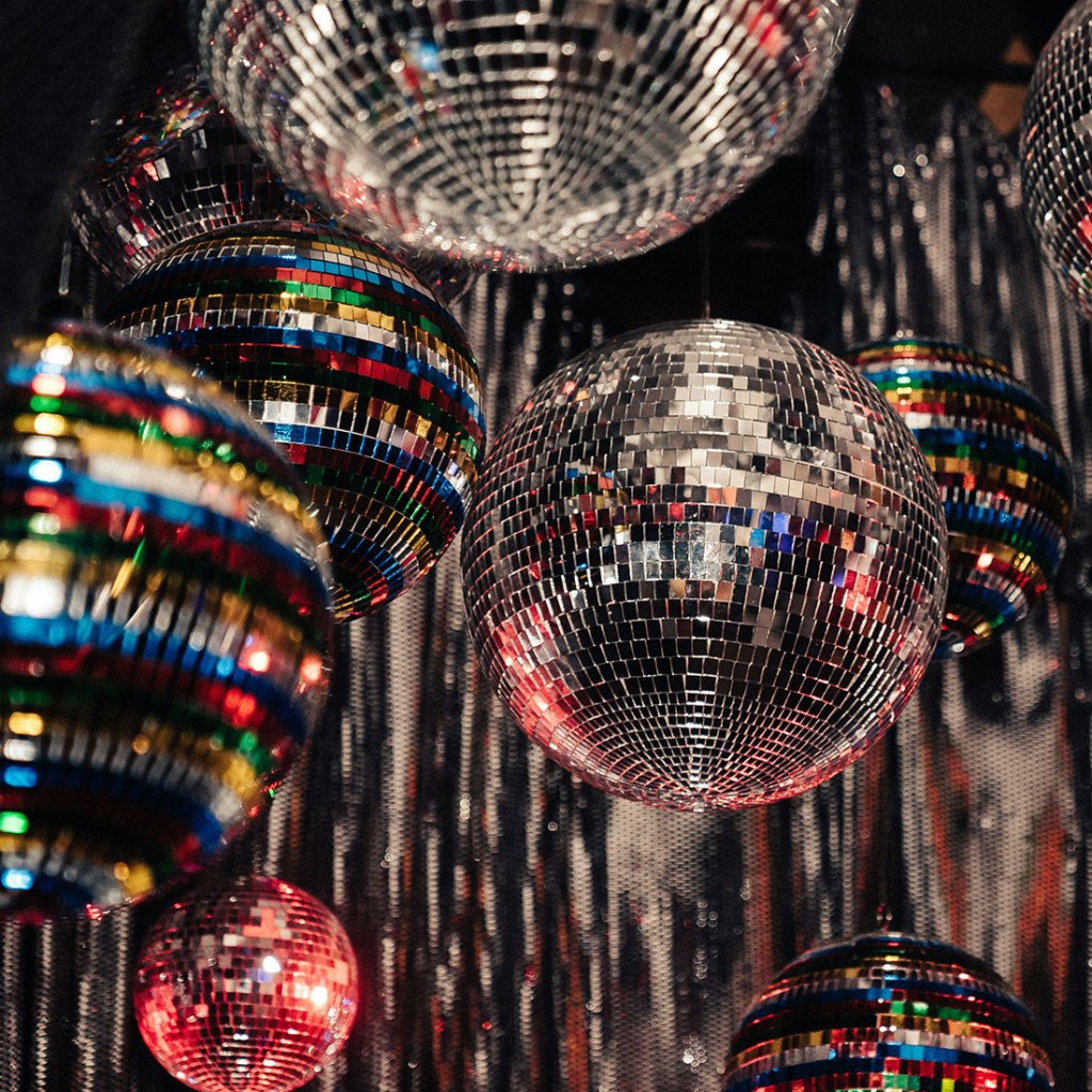 Rainbow and silver disco balls