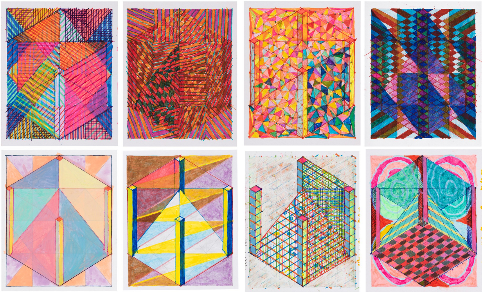 Colorful, geometric drawings in a grid, by Tom Burtonwood