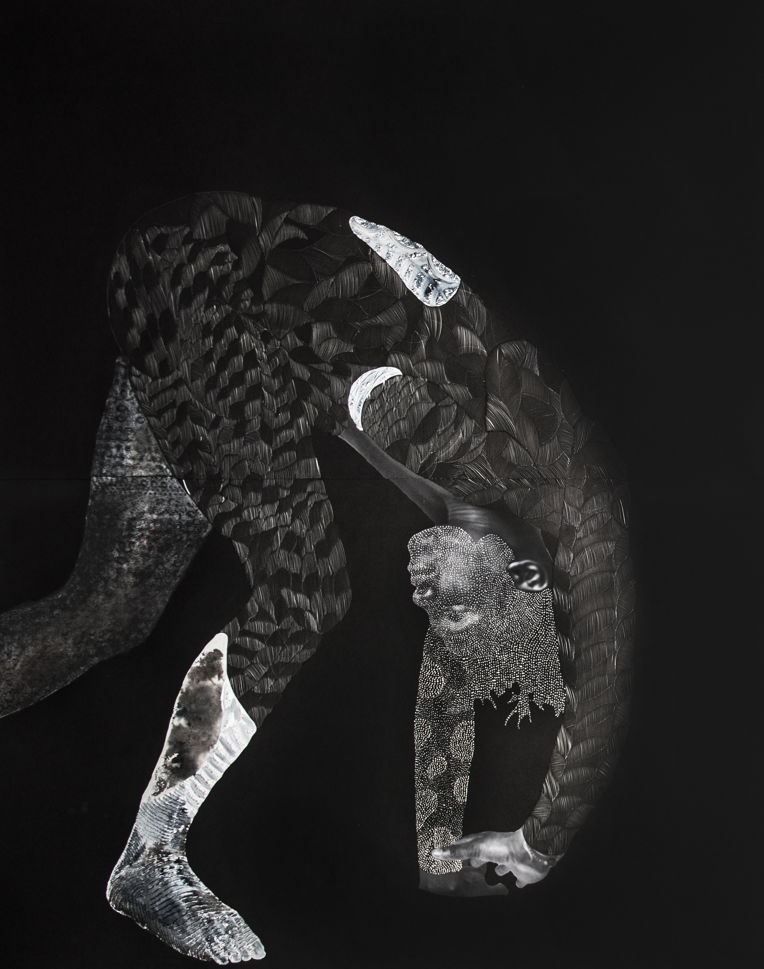 Nate Lewis, Signaling XX (detail), 2019, Hand-sculpted paper inkjet print, ink, graphite, and frottage