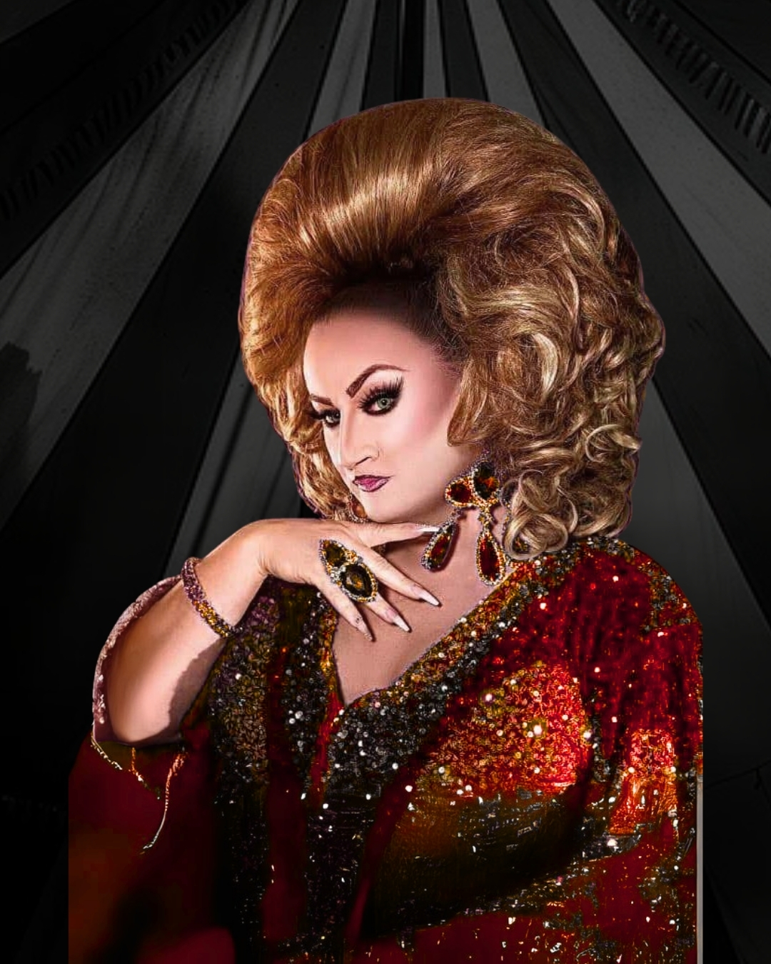Dark Circus Drag Brunch photo of queen wearing red sequin top with black stripe background.